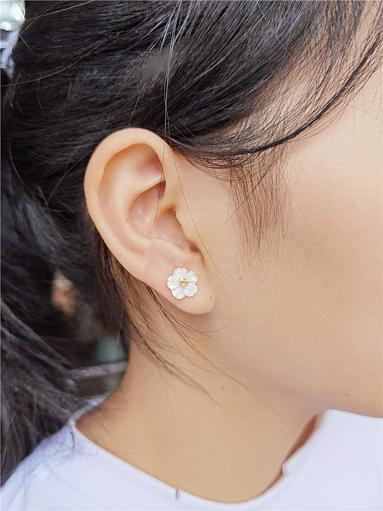 Dtja CZ Shell Pearl Flower Stud Earrings for Women Girls 925 Sterling Silver 14k Gold Plated Hypoallergenic Crystal Cute Small Floral Statement Cartilage Tragus Post Fashion Birthday Wedding Jewelry - Image 3